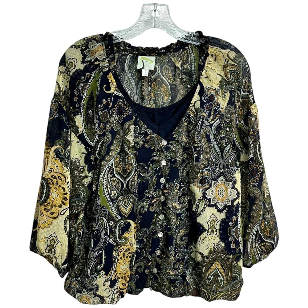 Anthropologie Fig and Flower Top Womens L Boho Paisley‎ Blouse Button Front